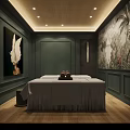 SPA Sauna Interior With Massage Bed Green Walls Wooden Ceiling And Tropical Mural