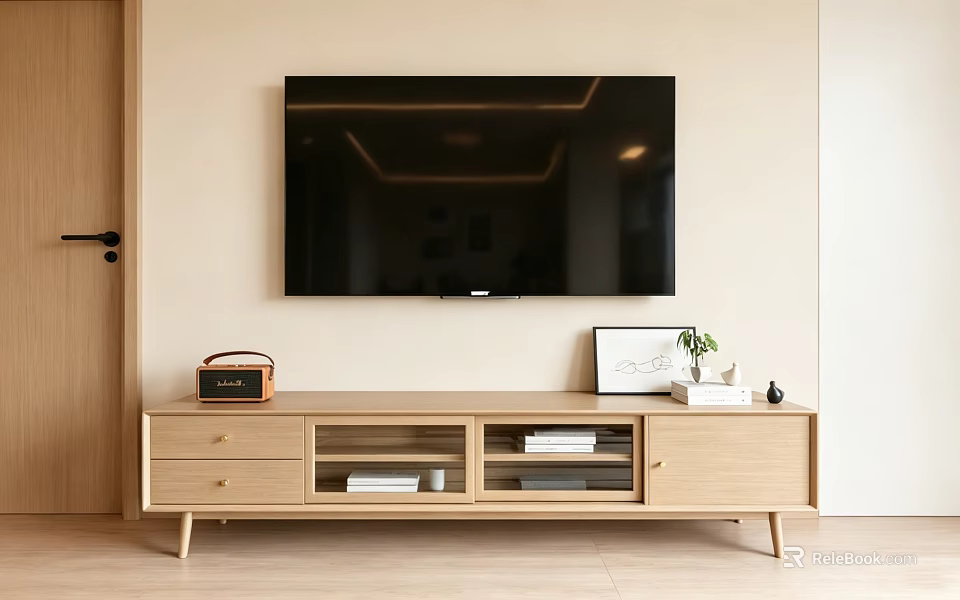 Modern Wooden TV Stand With Storage Drawers Open Shelves And Decorative Items 3d model 