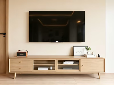 Modern Wooden TV Stand With Storage Drawers Open Shelves And Decorative Items 3d model