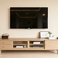 Modern Wooden TV Stand With Storage Drawers Open Shelves And Decorative Items