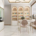 Bright Shop Front Desk with Marble Counter White Gold Decor Chandelier and Product Shelves