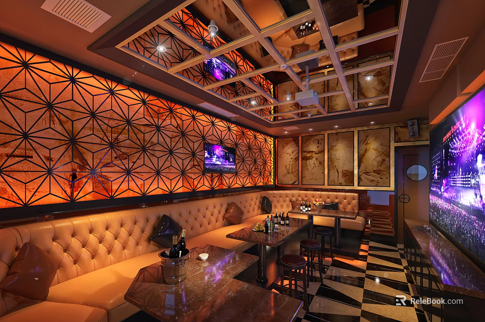 Modern KTV Interior Design With Decorative Wall Sofas Tables And Ambient Lighting 3d model 
