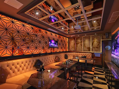 Modern KTV Interior Design With Decorative Wall Sofas Tables And Ambient Lighting 3d model