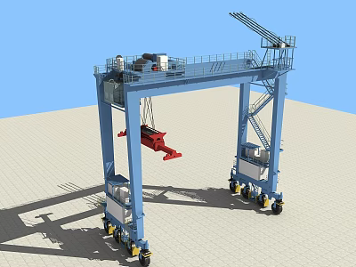 Industrial Mobile Gantry Crane With Red Lifting Hook And Blue Metal Structure 3d model