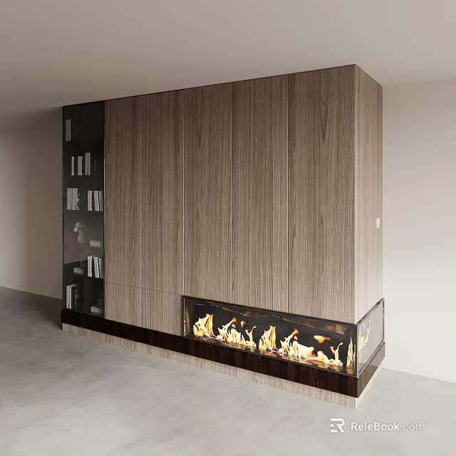 Modern Wooden Decorative Cabinet With Built in Fireplace Flames And Side Storage Bookshelves 3d model 