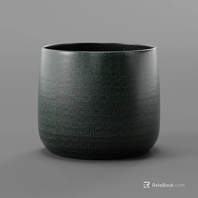Dark Green Bonsai Pot With Intricate Geometric Patterns For Indoor Decoration 3d model 