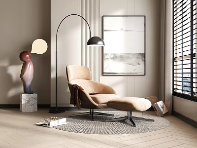 Modern Beige Leisure Chair With Floor Lamp Wall Art Window Blinds And Rug 3d model