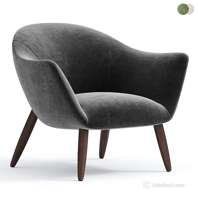 Modern Gray Velvet Accent Chair With Curved Armrests And Wooden Legs 3d model 