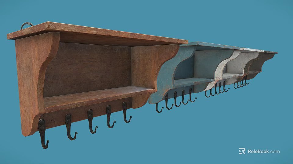Decorative Ornament Combination with Wooden Wall Mounted Shelves in Multiple Colors and Hooks 3d model 