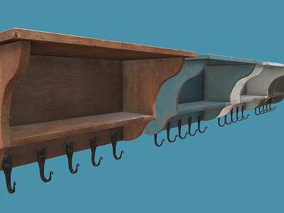Decorative Ornament Combination with Wooden Wall Mounted Shelves in Multiple Colors and Hooks 3d model