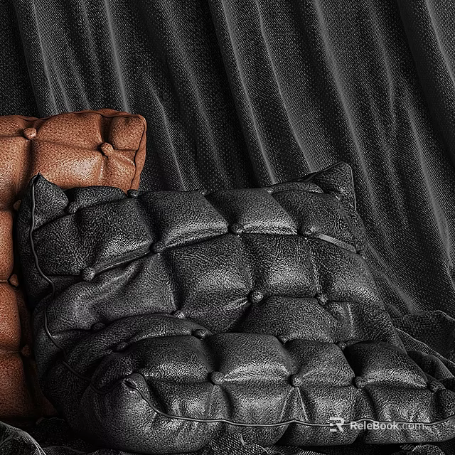 Brown and Black Leather Tufted Pillows with Button Details on Sofa 3d model 