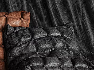 Brown and Black Leather Tufted Pillows with Button Details on Sofa 3d model