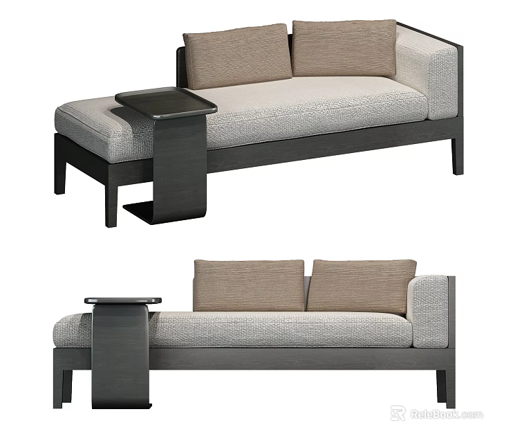 Modern Minimalist Sectional Sofa With Light Gray Upholstery Brown Cushions And Black Side Table 3d model 