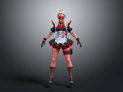 Stylish Woman In Red And Black Costume With Head Decoration Black Gloves And Leg Straps 3d model