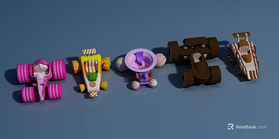 Colorful Cartoon Style Electric Toys with Various Designs on Blue Background 3d model 