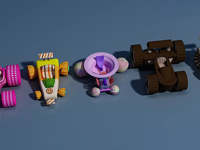 Colorful Cartoon Style Electric Toys with Various Designs on Blue Background 3d model