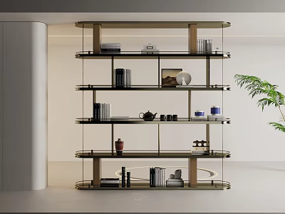 Modern Bookcase With Glass Shelves And Metal Frame Displaying Books Decorative Items 3d model
