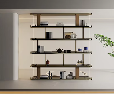 Modern Bookcase With Glass Shelves And Metal Frame Displaying Books Decorative Items 3d model