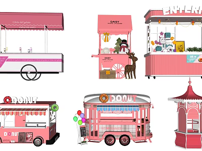 Pink Mobile Food Carts With Various Designs Selling Donuts And Ice Cream 3d model