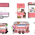 Pink Mobile Food Carts With Various Designs Selling Donuts And Ice Cream