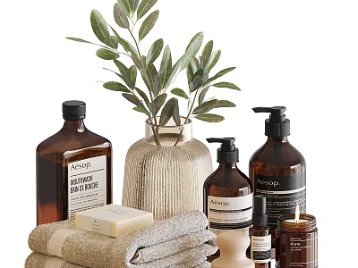Stylish Bathroom Accessories With Towels Soaps Vase And Amber Bottles 3d model