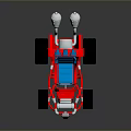 Red And Blue Toy Car With Yellow Headlights Big Black Wheels And Silver Exhaust