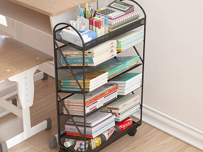Multi Tier Wheeled Storage Rack with Books Stationery And Office Supplies In Study Corner 3d model