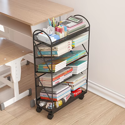 Multi Tier Wheeled Storage Rack with Books Stationery And Office Supplies In Study Corner 3d model