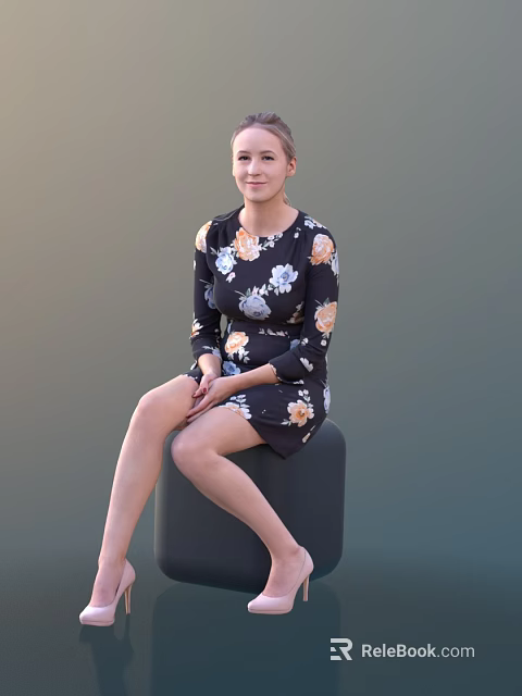 Young Woman In Floral Dress Sitting On Black Cylindrical Stool Against Dark Background 3d model 