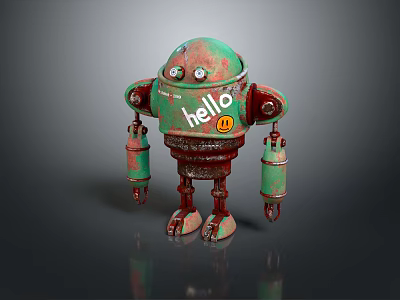 Vintage Green Red Robot Character With Hello Text On Chest And Rustic Appearance 3d model
