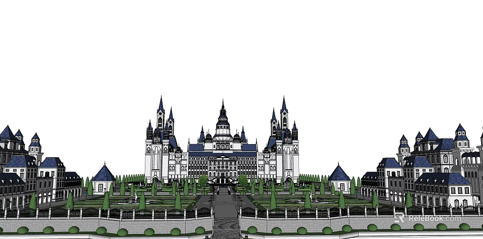 European Style Architecture Grand Castle With Spires Central Dome And Manicured Gardens 3d model 