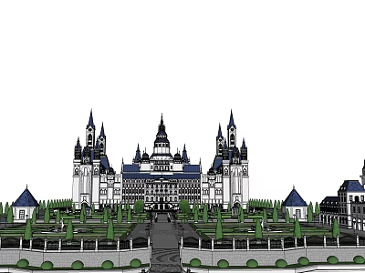 European Style Architecture Grand Castle With Spires Central Dome And Manicured Gardens 3d model