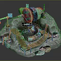 Vintage Industrial Scene With Rusted Green Machinery Rocky Mountain Wooden Stairs Platforms And Signpost