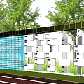 Modern Garden Wall Design With Blue Mosaic And White Square Panels And Green Trees