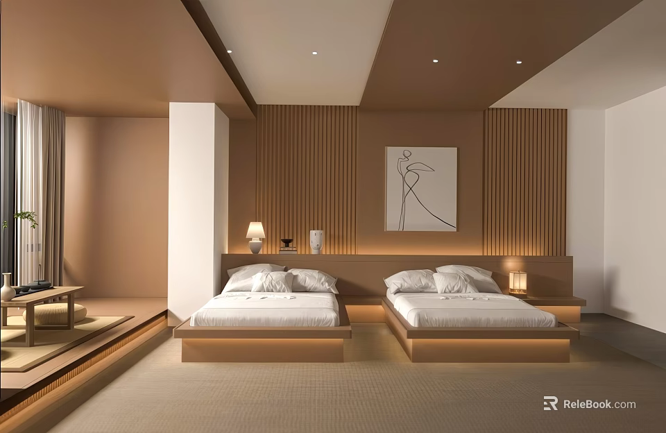 Modern Hotel Room Interior With Twin Beds Wooden Panel Walls And Decorative Artwork 3d model 