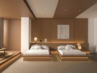 Modern Hotel Room Interior With Twin Beds Wooden Panel Walls And Decorative Artwork 3d model