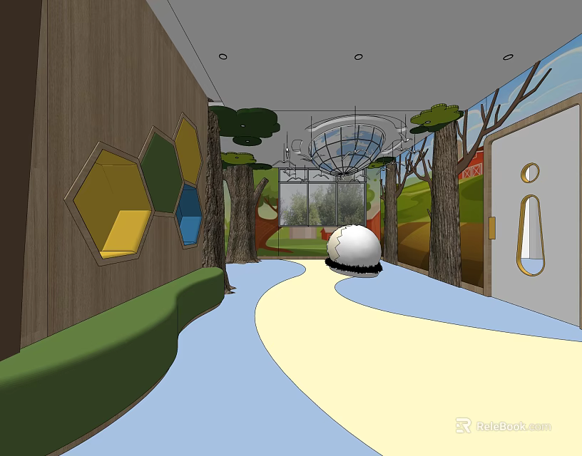 Warm Store Front Desk With Wooden Walls Colorful Decor And Curved Path 3d model 