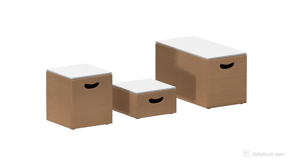 Three Brown Storage Stools With White Lids And Black Handles For Home Use 3d model