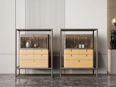 Modern Decorative Cabinets With Wooden Frames Beige Drawers And Decorative Ornaments In Minimalist Interior 3d model