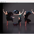 Women Dancing in Green Leotards with Flowing Black Fabric on Grey Background