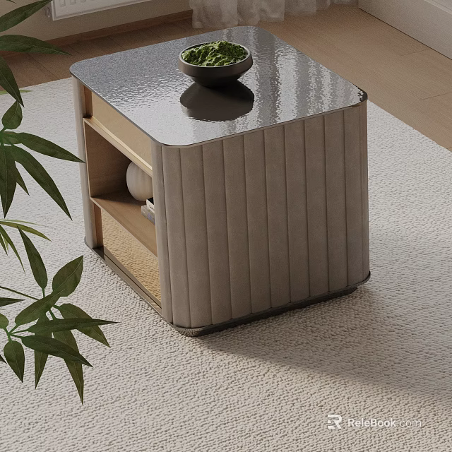 Stylish Ribbed Fabric Nightstand with Decorative Bowl and Green Plant in Bedroom Interior 3d model 
