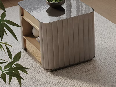 Stylish Ribbed Fabric Nightstand with Decorative Bowl and Green Plant in Bedroom Interior 3d model