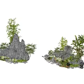 Natural Rockery Stones with Bamboo Palm Trees Small Stones and Grass
