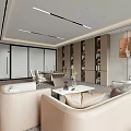 Modern Office Interior Design With Desk Computer Chairs Sofa And City View 3d model