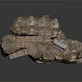 Natural Rock Formation With Rustic Wooden Scaffolding And Small House Structure