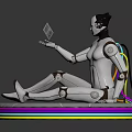 Silver Robot Sitting On Circular Platform With Colorful Neon Rings Holding Small Cube And Cables