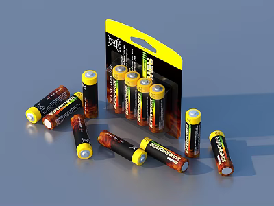 Everyday Household Batteries With Yellow Black Packaging And Orange Black Scattered Units 3d model