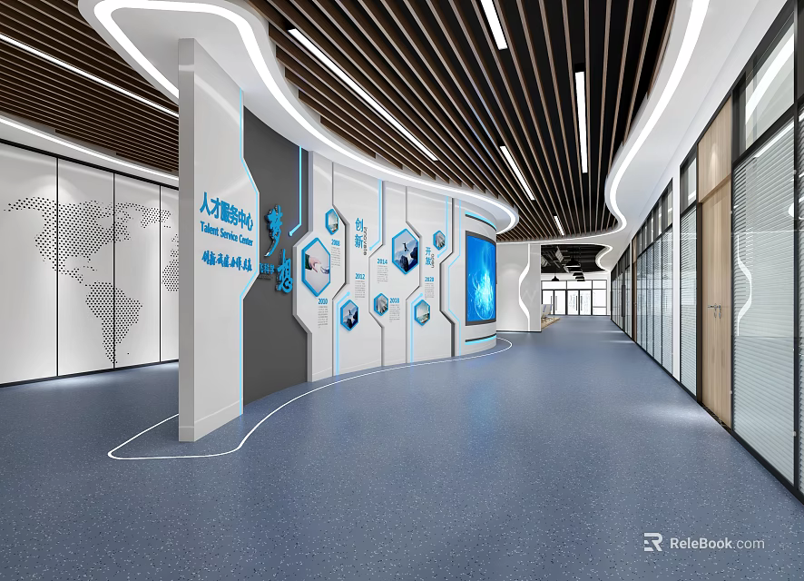 Modern Corridor Interior With Blue Tech Icons World Map Blue Screen And Glass Doors 3d model 