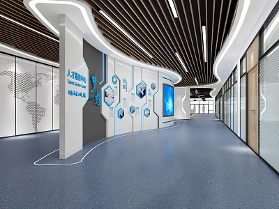 Modern Corridor Interior With Blue Tech Icons World Map Blue Screen And Glass Doors 3d model