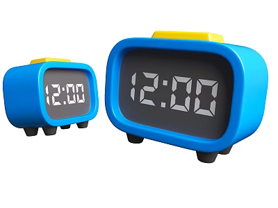 Two Blue Digital Alarm Clocks With Yellow Top Displaying 1200 3d model